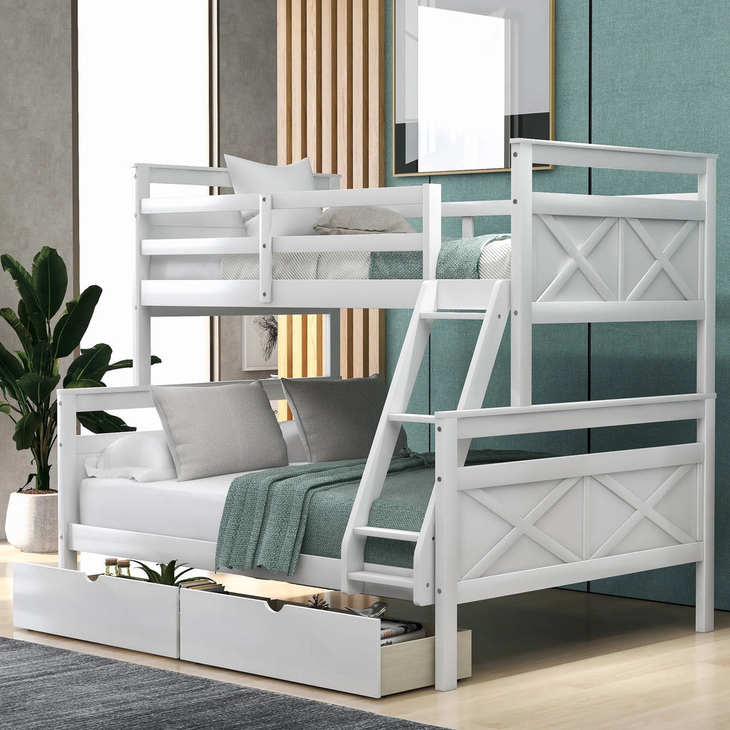 White Wood Twin over Full Bunk Bed with Trundle H55361