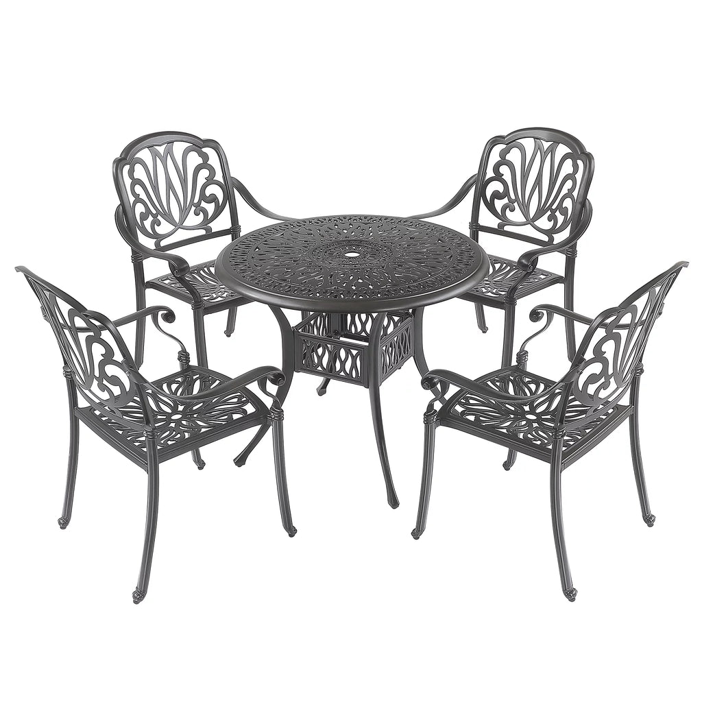 5 Pcs Cast Aluminum Outdoor Dining Table Set with Umbrella Hole L74991