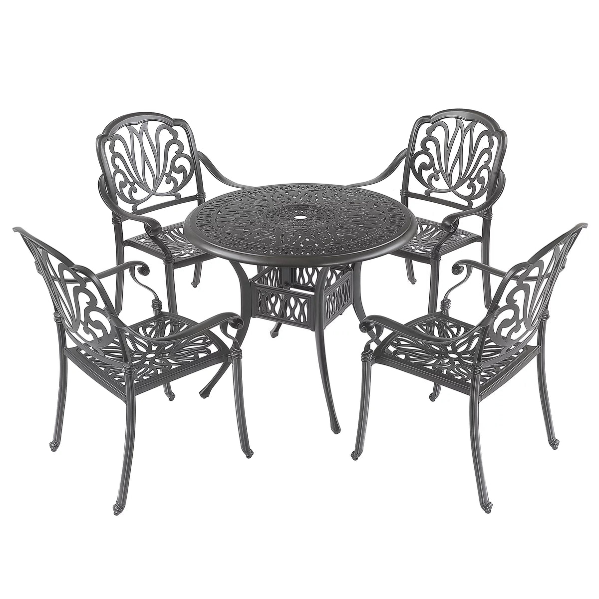 5 Pcs Cast Aluminum Outdoor Dining Table Set with Umbrella Hole L74991