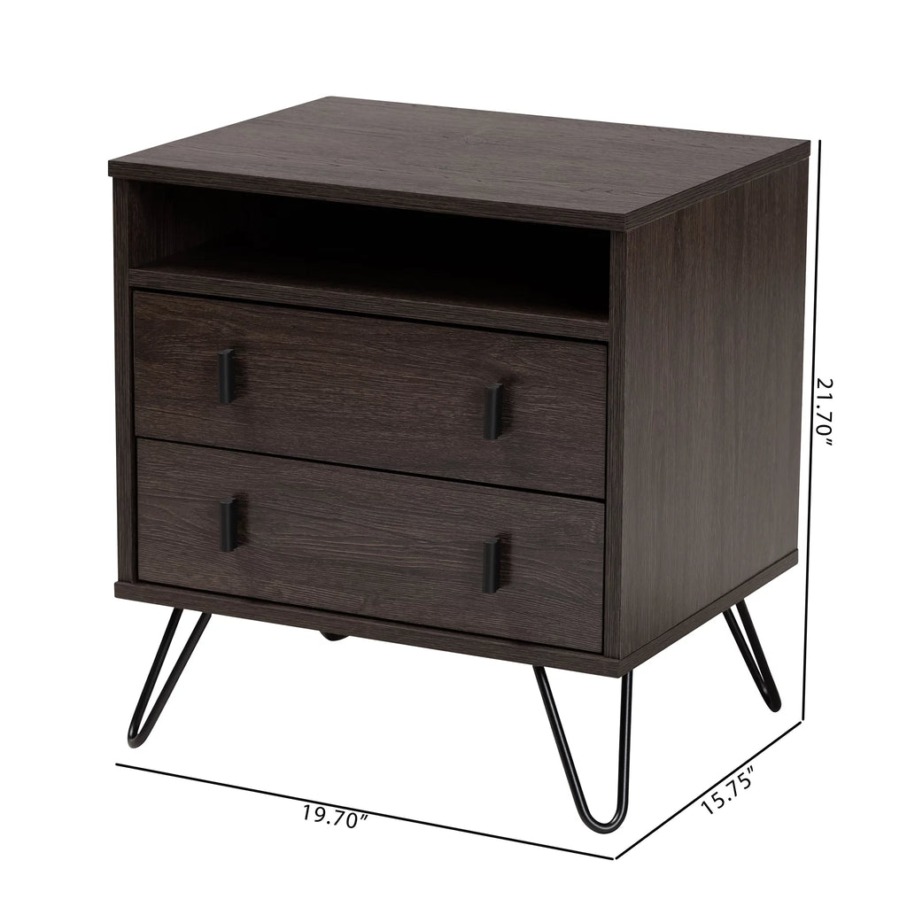 Dark Brown Wood and Black Metal 2-Drawer Nightstand B57977