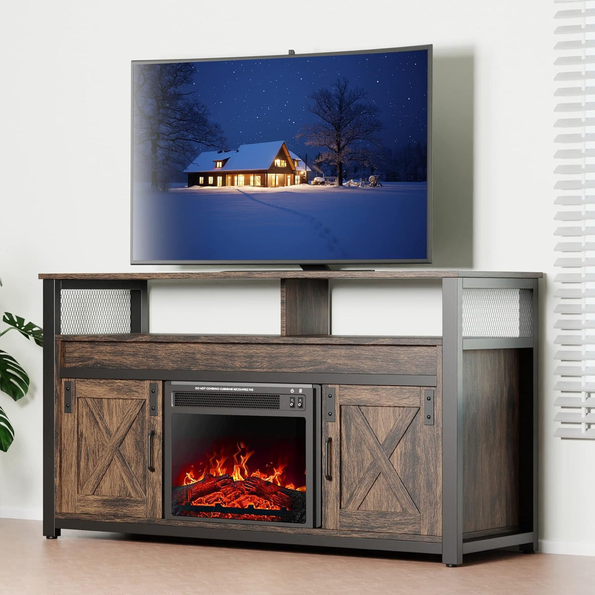 Electric Fireplace TV Stand with Storage Shelves and 2 Cabinets I8788