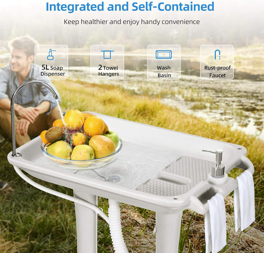 Portable Camping Sink with Rolling Wheels, 30 L Water Capacity, Soap Dispenser, Towel Holder, White D6487