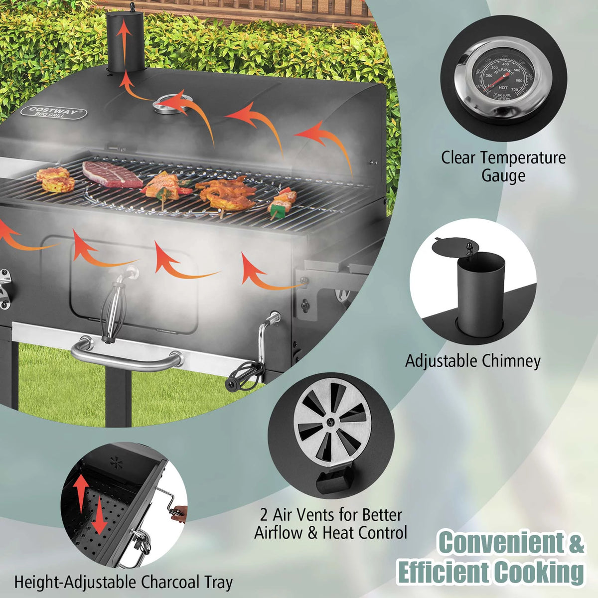 Outdoor Charcoal Grill with 2 Foldable Side Table S130