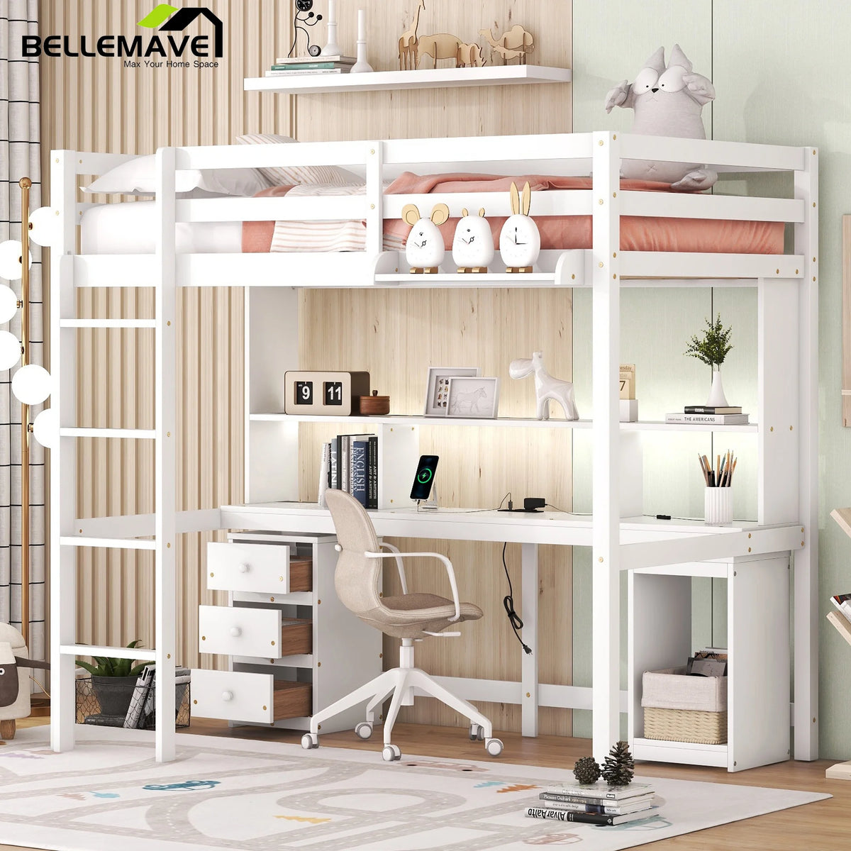 White Twin Loft Bed with Desk and Storage W821