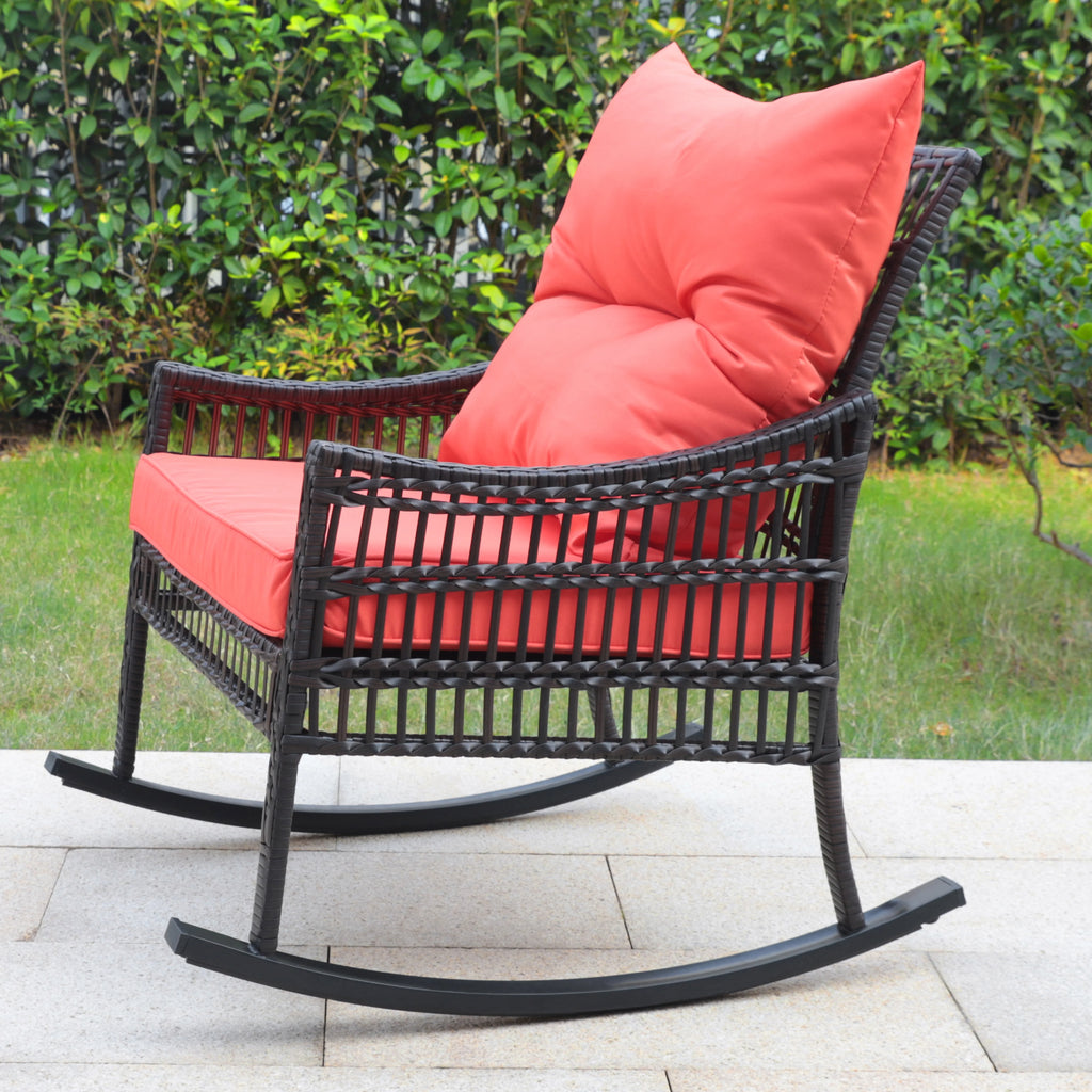 3-Piece Wicker Outdoor Rocking Chair Bistro Set with Table & Cushions H146051