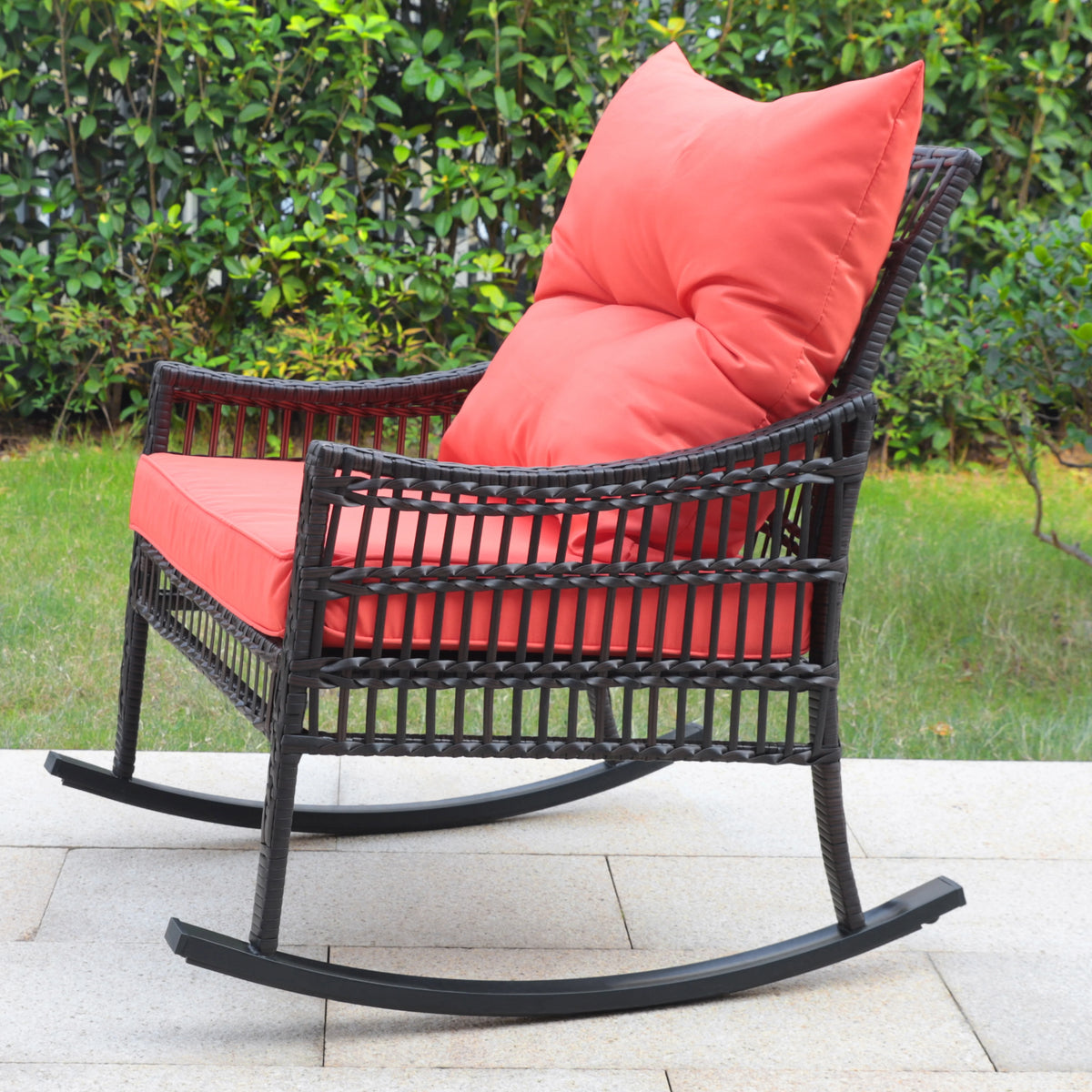 3-Piece Wicker Outdoor Rocking Chair Bistro Set with Table & Cushions H146051