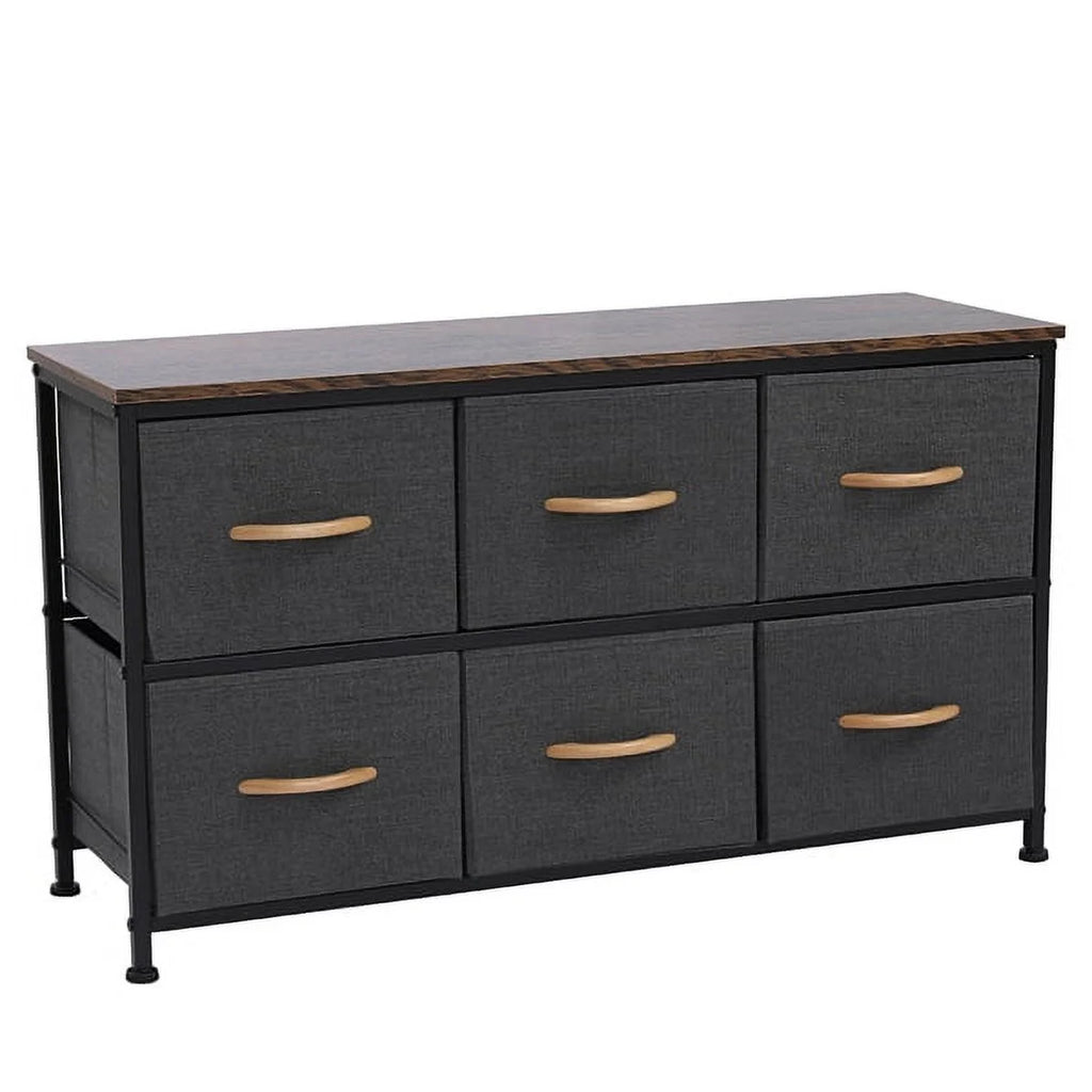Gray 6 Drawer Fabric Dresser with Wooden Tabletop C1064