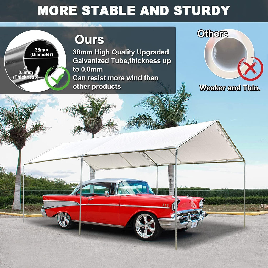 Heavy Duty Portable Carport Canopy 20X10 ft with Galvanized Steel Frame and PE Cover, White B989393