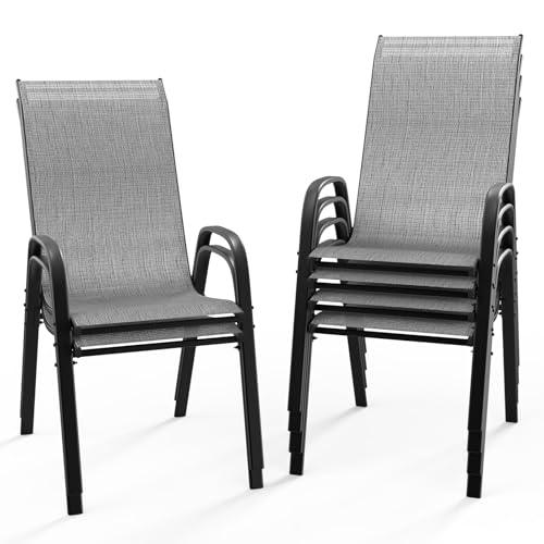 Black Set of 6 Stackable Outdoor Dining Chairs with Sling High Back and Armrests O1815