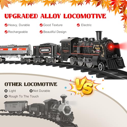 Metal Alloy Electric Train Set with Steam Locomotive, Cargo Cars & Tracks M60474