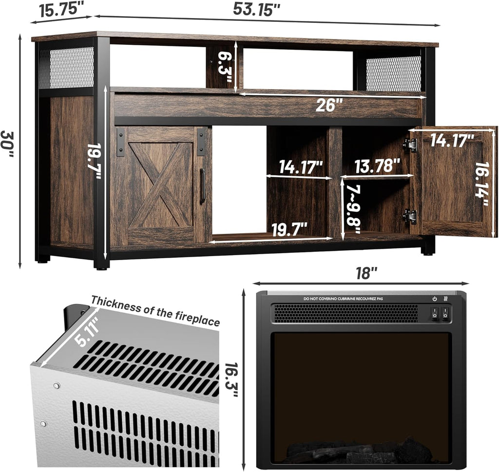 Electric Fireplace TV Stand with Storage Shelves and 2 Cabinets I8788
