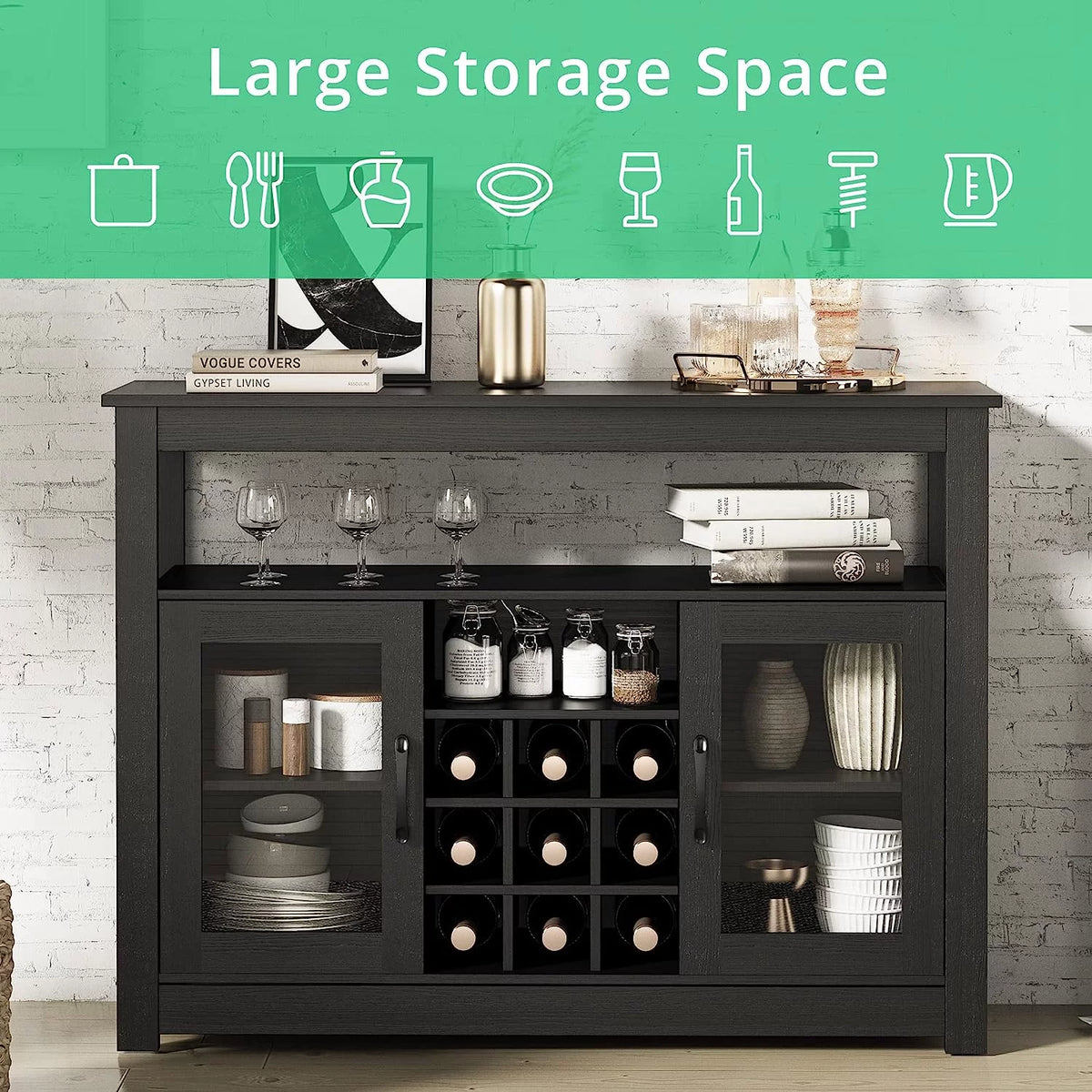 Black Freestanding Buffet Sideboard with Wine Rack N63824