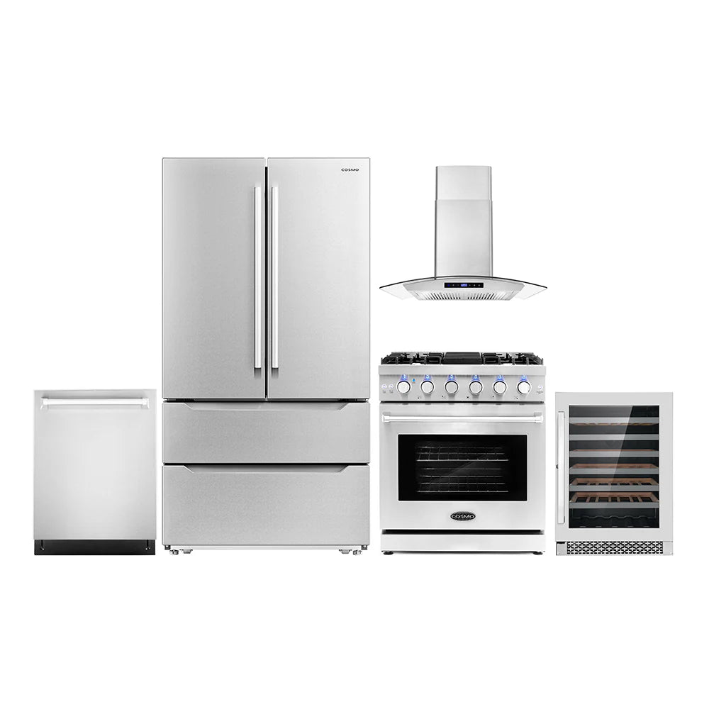 30 Gas Range, Wall Mount Range Hood, Dishwasher, Refrigerator with Ice Maker and Wine Cooler D708