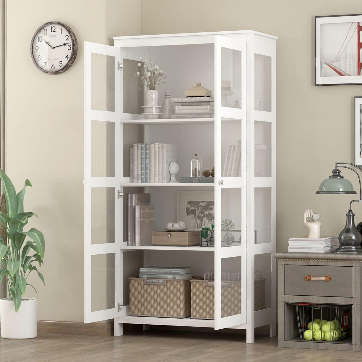 Tall White Wooden Bookcase with Glass Doors M49119