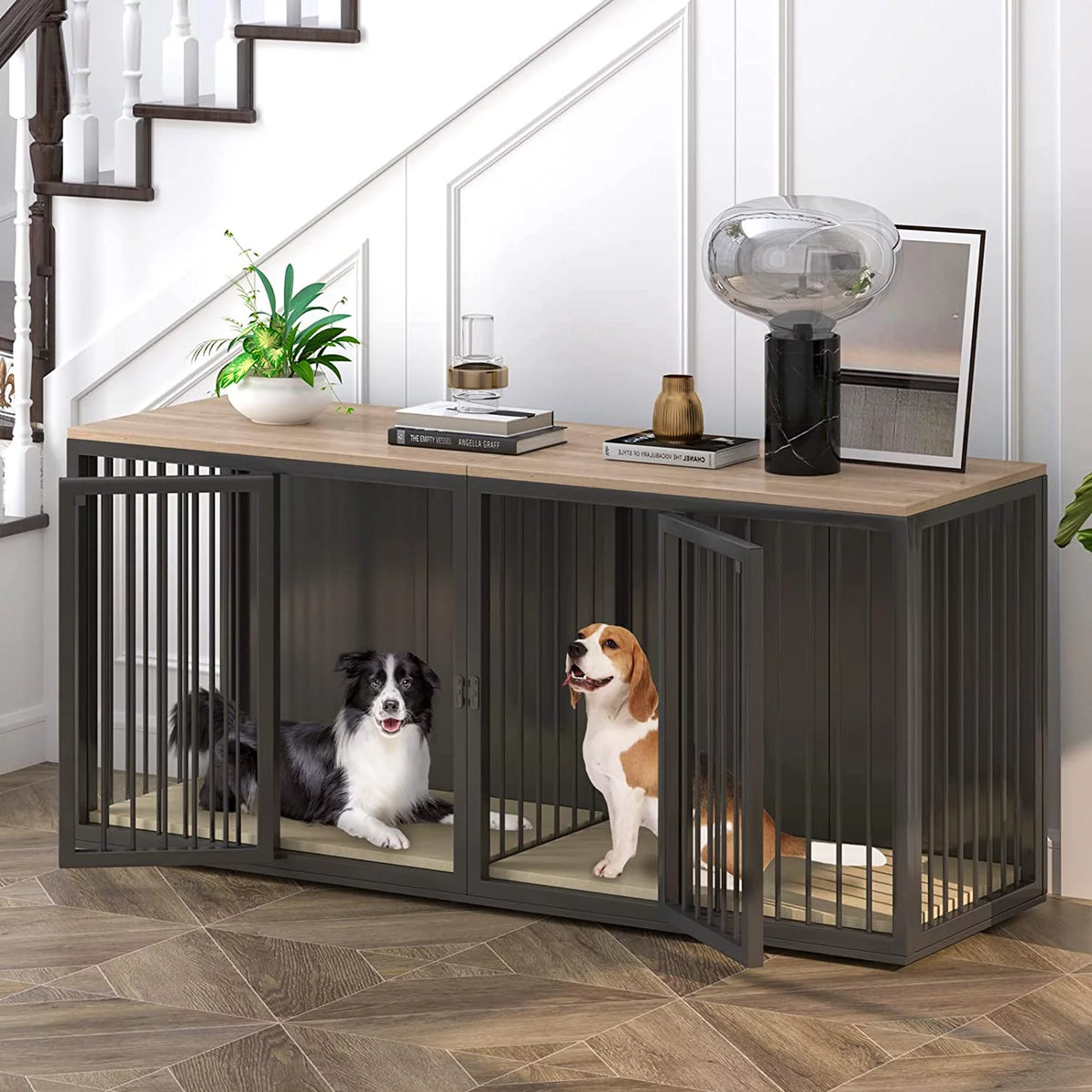 Black Large 2 Dog Steel Frame Wooden Top Crate Furniture S9433
