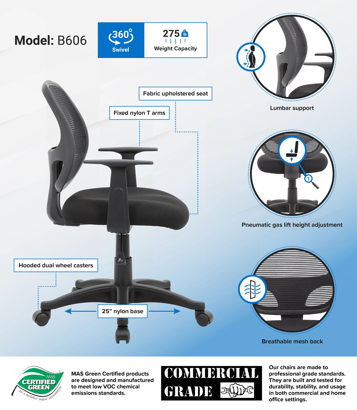 Black Mesh Task Chair with Lumbar Support X852