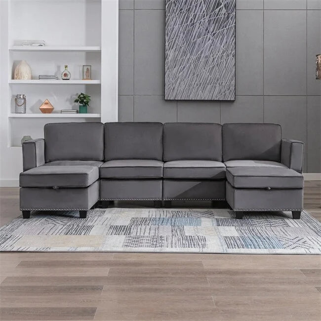Beige 6 Seater Sectional Sofa with Storage S136