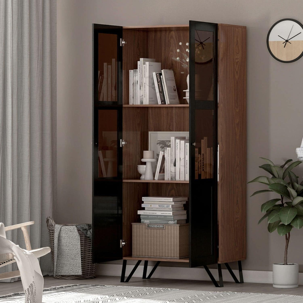 Tall White Wooden Bookcase with Glass Doors M49119