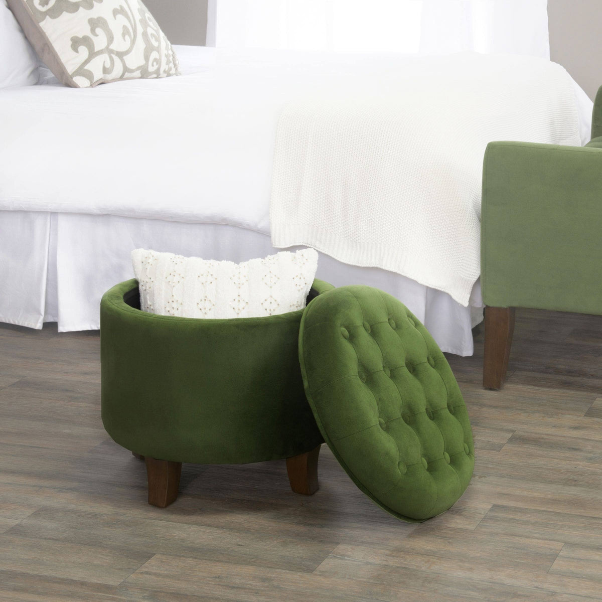 Velvet Forest Green Round Storage Ottoman P105427