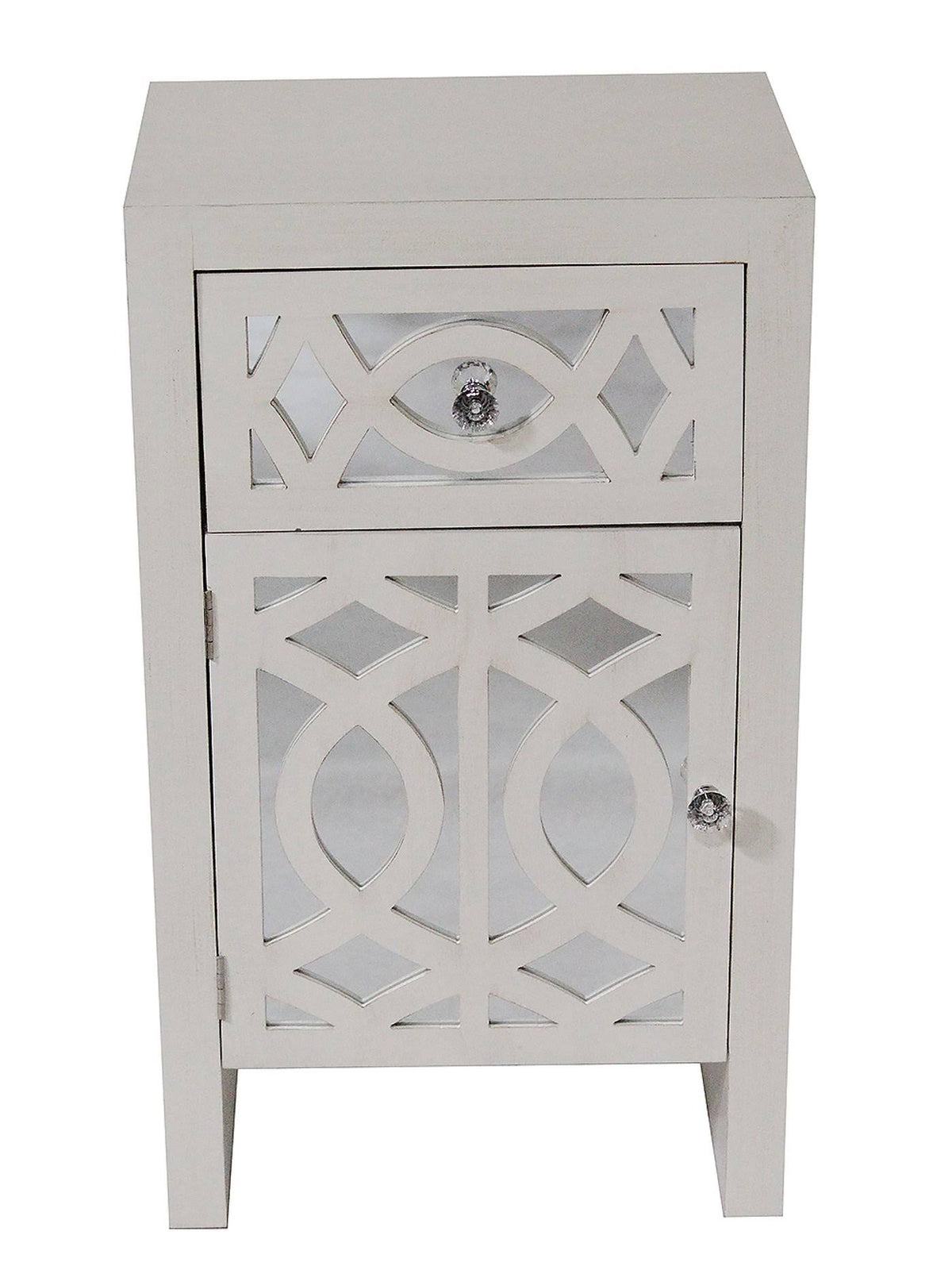 Antique White Wood Accent Cabinet with Mirrored Glass Door & Drawer Q731527