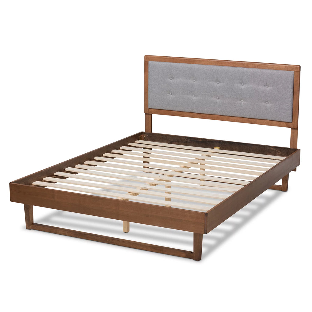 Light Grey Fabric Upholstered Ash Walnut Wood Queen Size Platform Bed Z906212