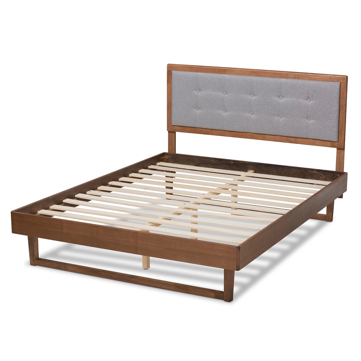 Light Grey Fabric Upholstered Ash Walnut Wood Queen Size Platform Bed Z906212