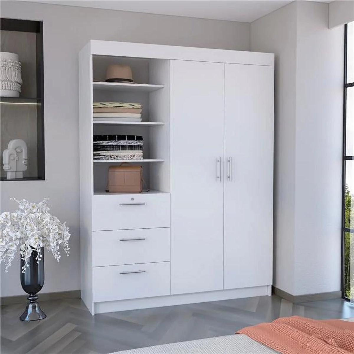 Black 3-Tier Shelf & Drawers Armoire with Metal Handles P146