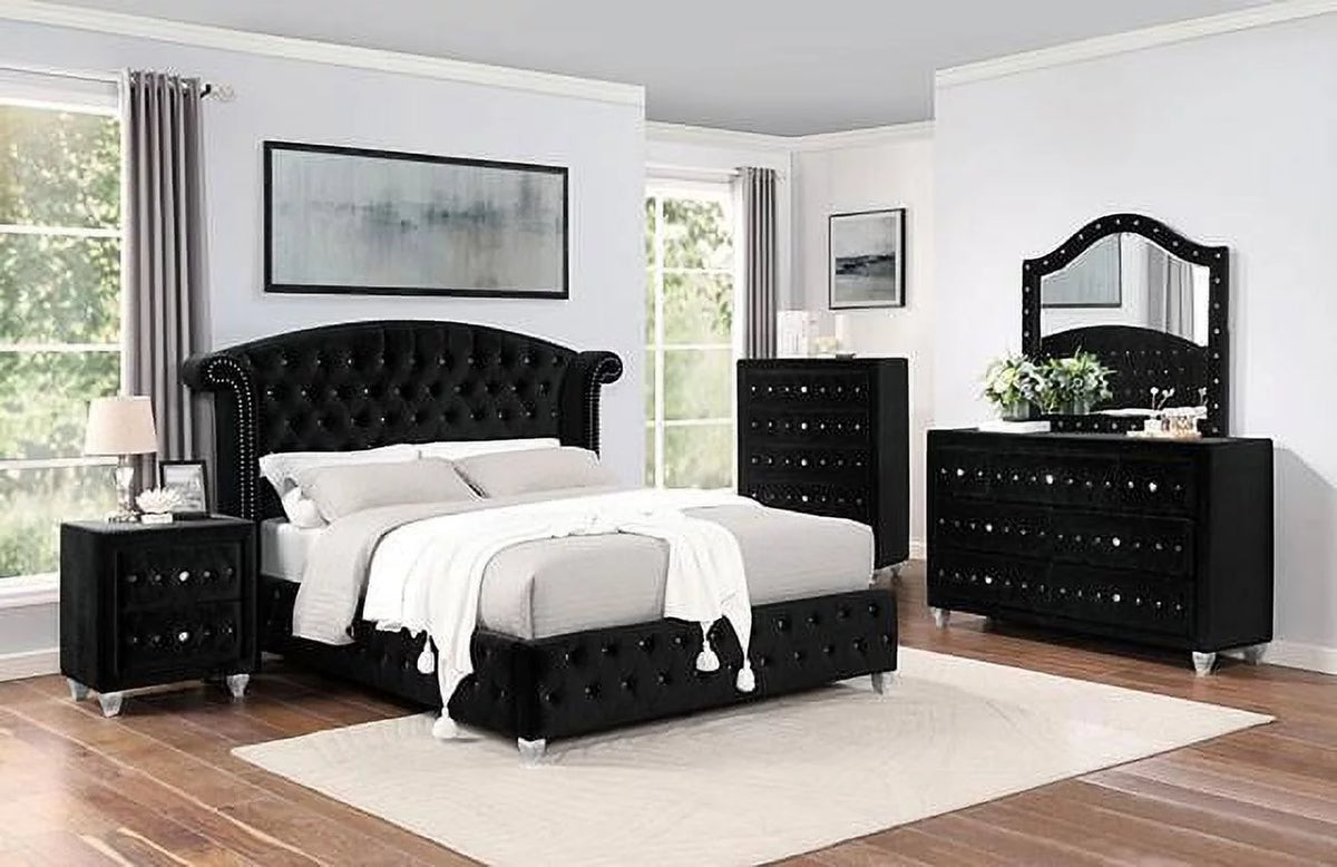 Black Solid Wood Queen Bedroom Set 5pcs U51038