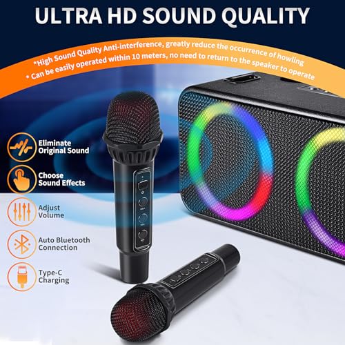 Black Portable Bluetooth Karaoke Machine with 6 Sound Effects and 4 Party Lights D638