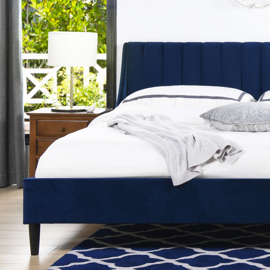 King Navy Blue Velvet Platform Bed Set H7385