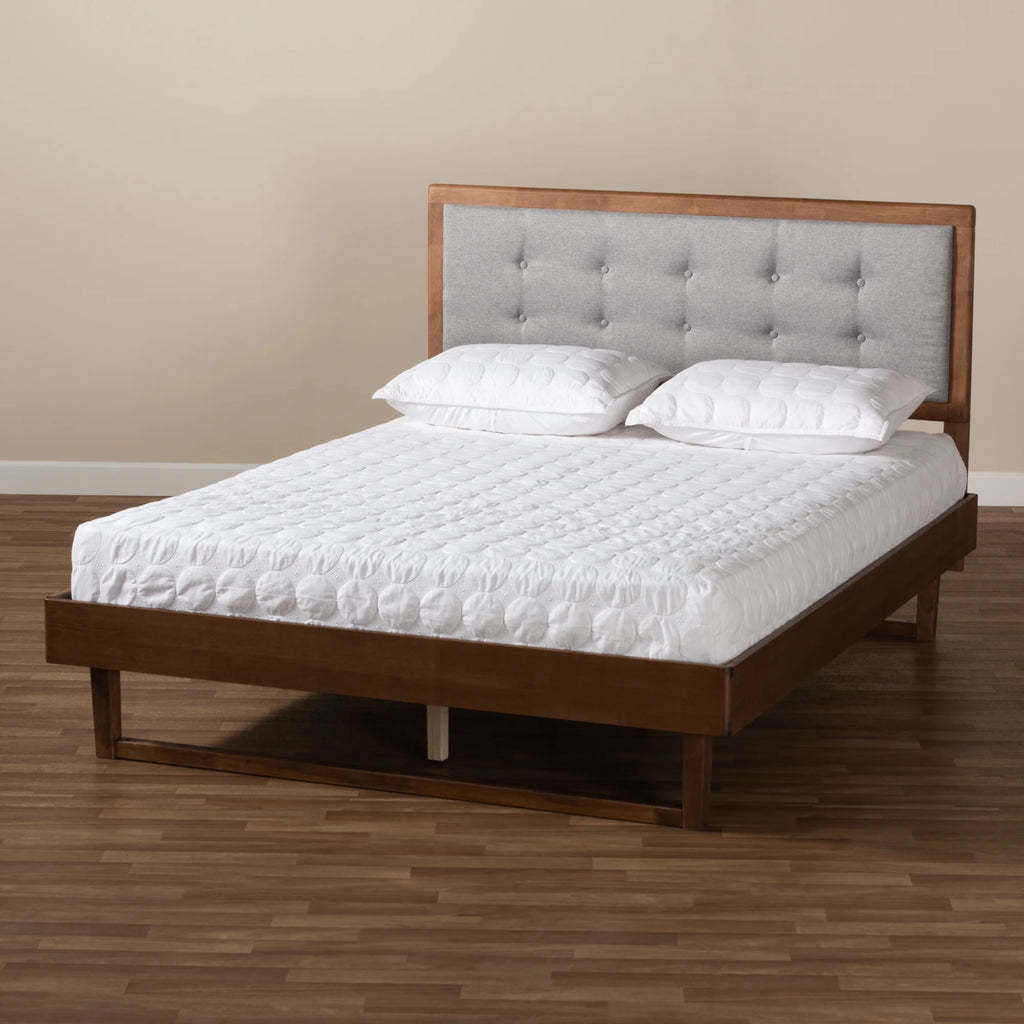 Light Grey Fabric Upholstered Ash Walnut Wood Queen Size Platform Bed Z906212