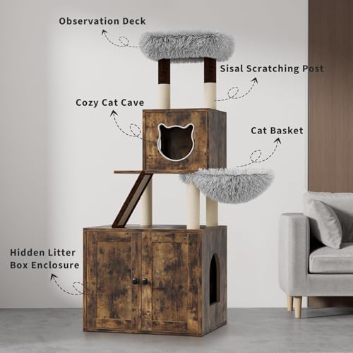 59 Inch 2-in-1 Cat Tree Scratching Post Condo Litter Box Enclosure Grey White Q51624