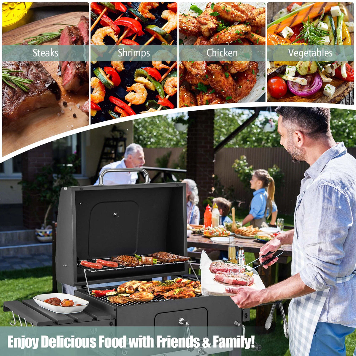 Outdoor Charcoal Grill with 2 Foldable Side Table S130