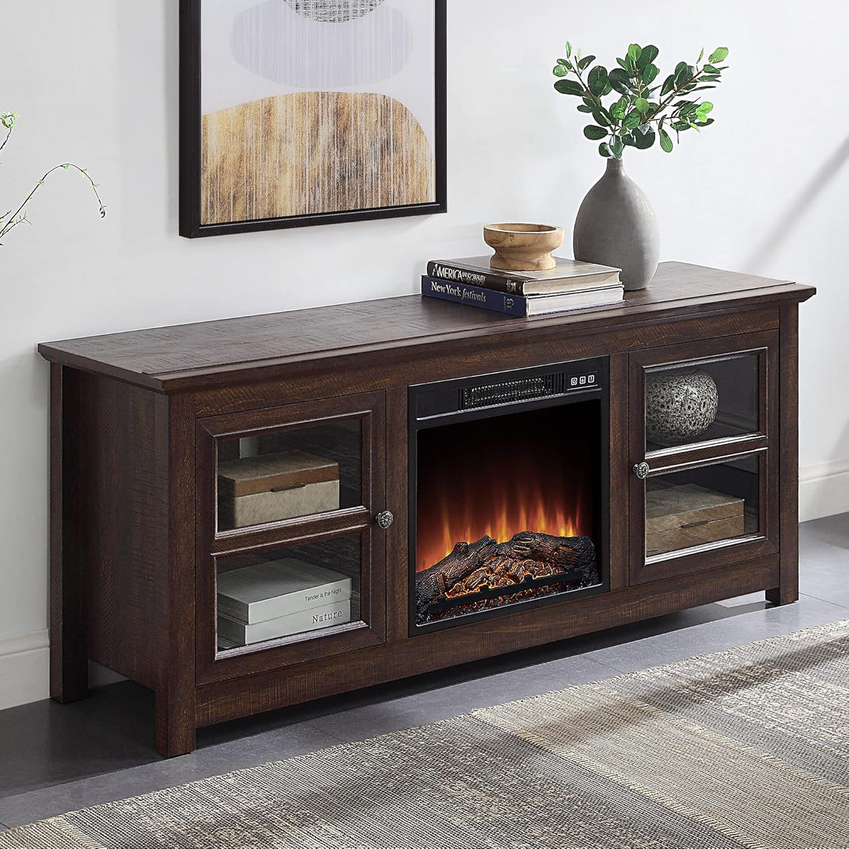 Electric Fireplace TV Stand for TVs up to 55 Inch with Storage Shelves & Cabinets W9847