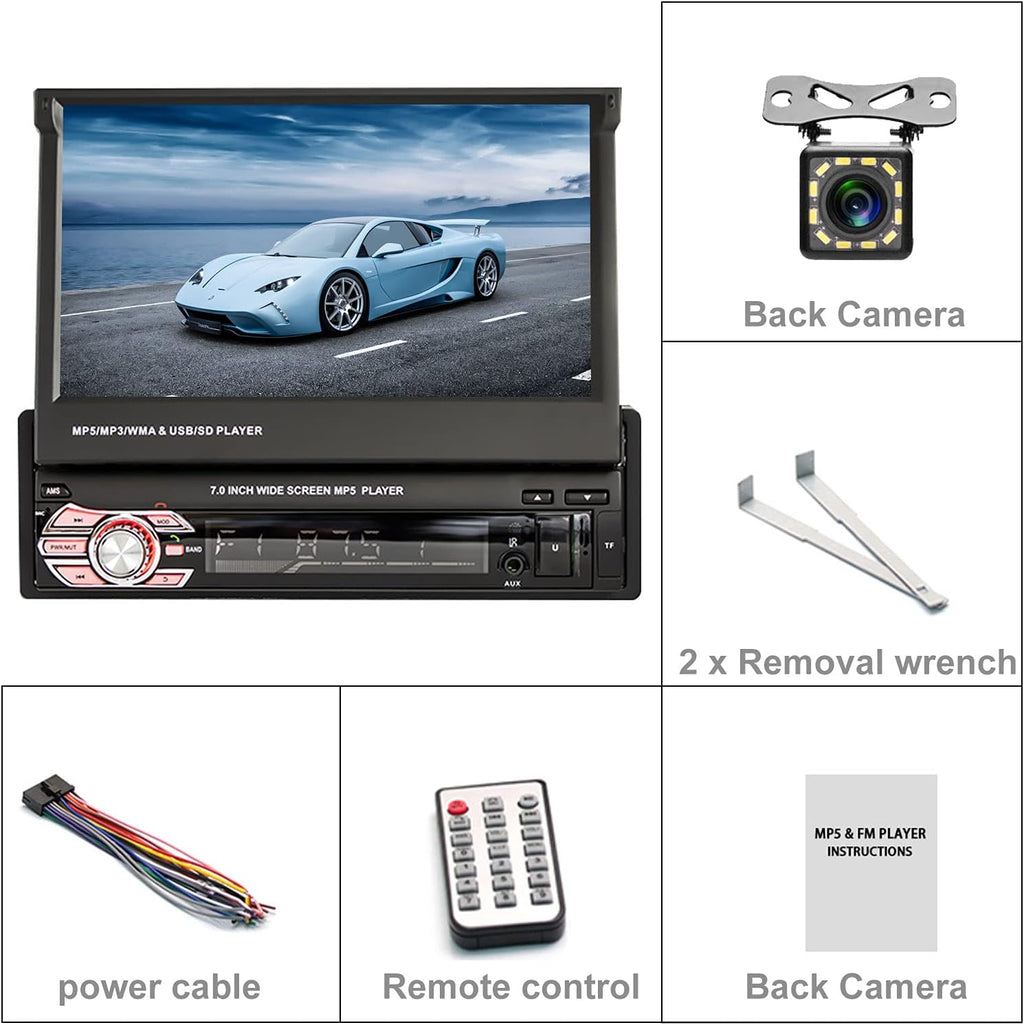 Single Din 7 Inch Flip Out Touchscreen Car Stereo with Backup Camera C422270