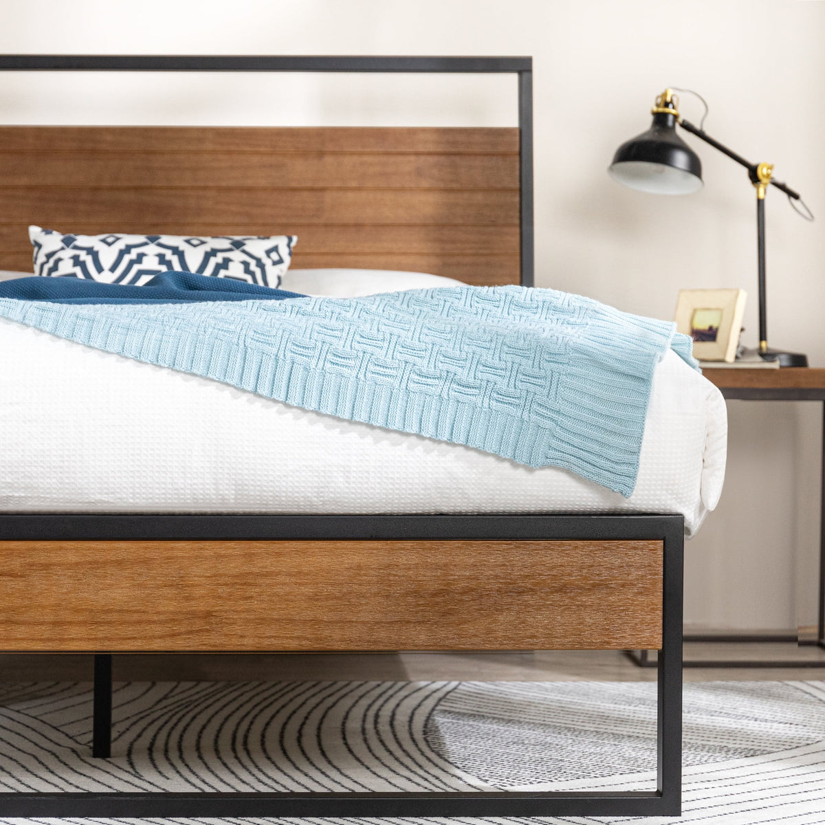 Metal and Wood Platform Bed Frame with Headboard, Chestnut Brown, Full Q3949