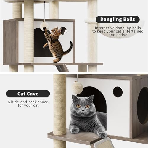 59 Inch 2-in-1 Cat Tree Scratching Post Condo Litter Box Enclosure Grey White Q51624