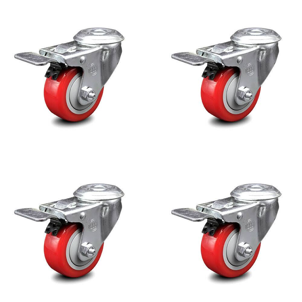 3 inch Red Polyurethane Swivel Caster Set with Total Lock Brake H960056