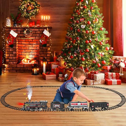 Metal Alloy Electric Train Set with Steam Locomotive, Cargo Cars & Tracks M60474