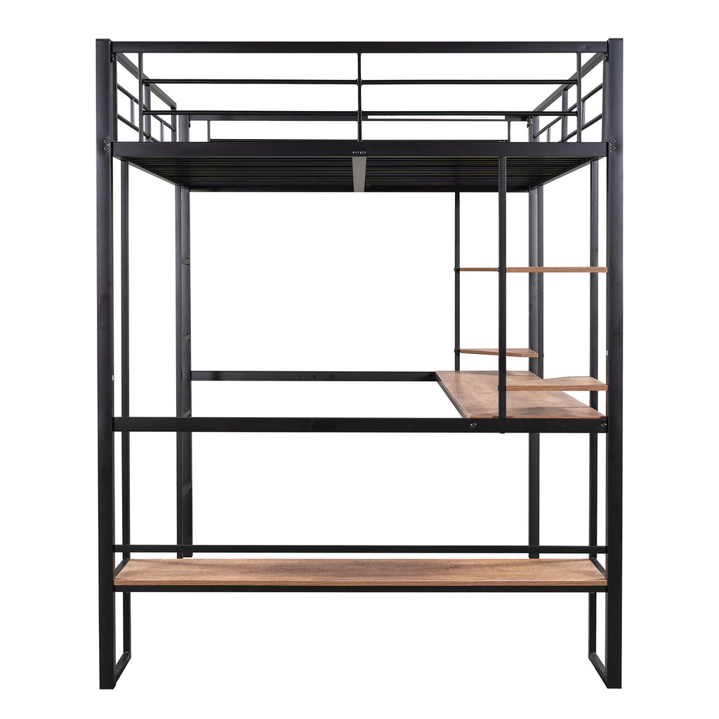 Black Full Metal Loft Bed with Desk and Shelves B7038