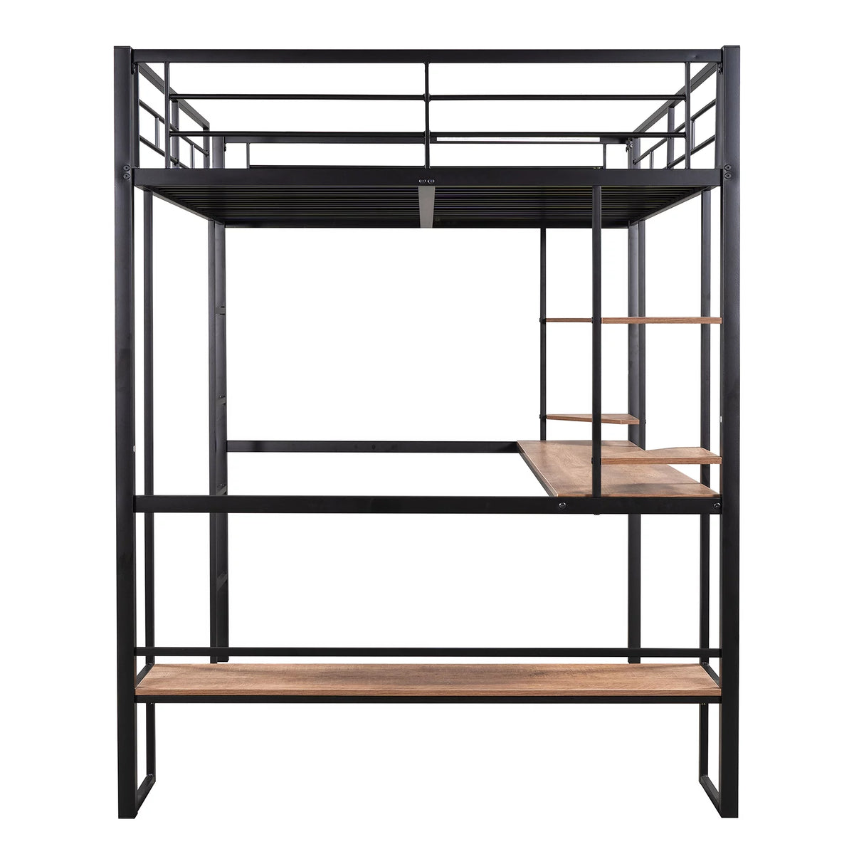 Black Full Metal Loft Bed with Desk and Shelves B7038