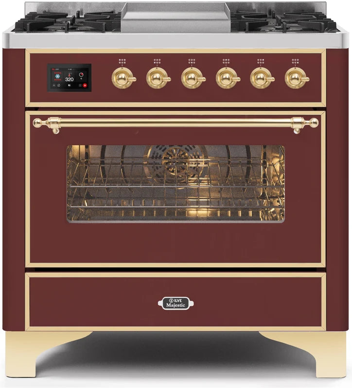 Burgundy Dual Fuel Propane Gas Range with Brass Trim H748413