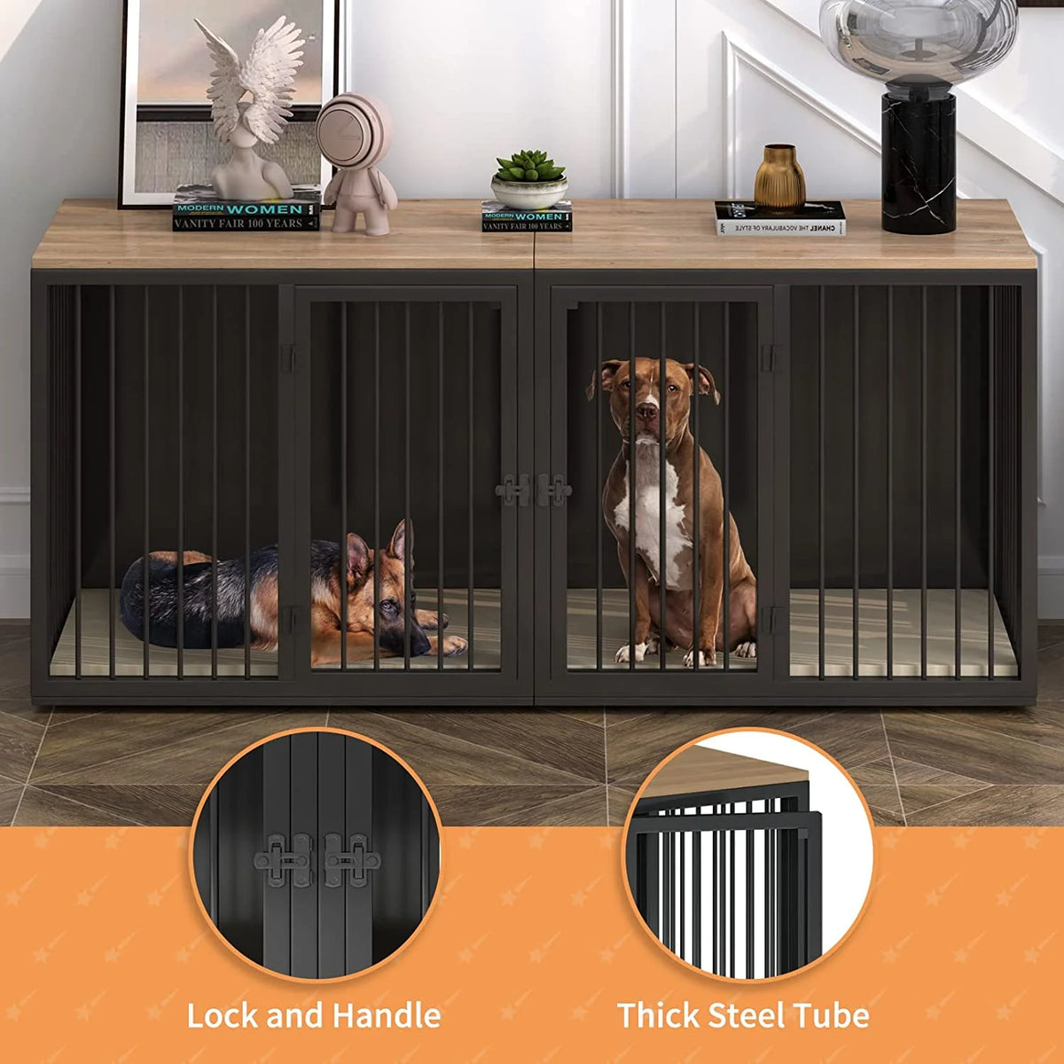 Black Large 2 Dog Steel Frame Wooden Top Crate Furniture S9433