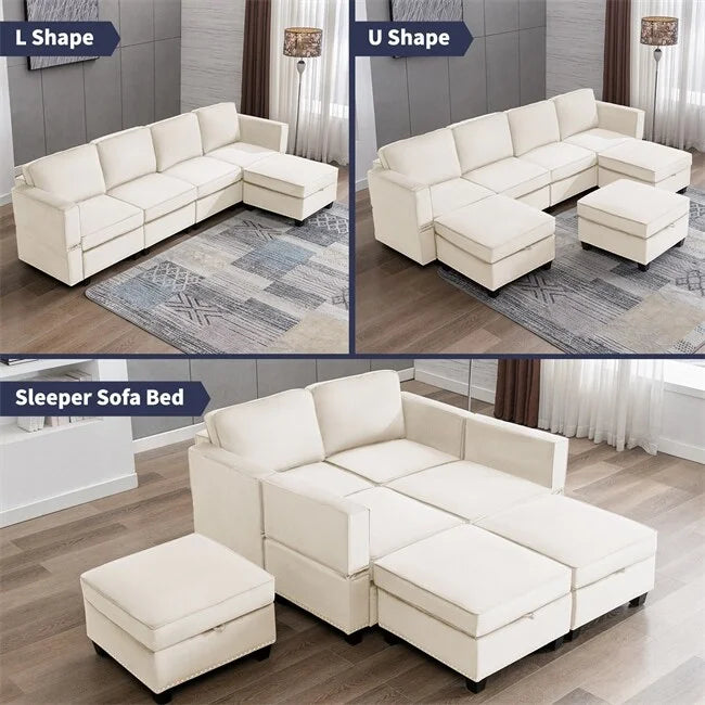 Beige 6 Seater Sectional Sofa with Storage S136
