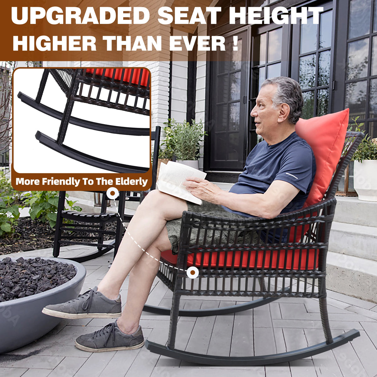 3-Piece Wicker Outdoor Rocking Chair Bistro Set with Table & Cushions H146051