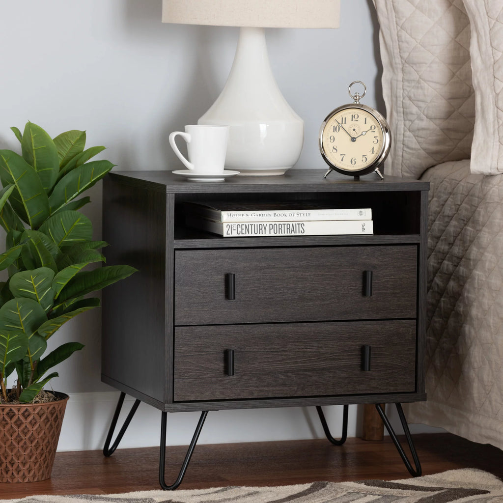 Dark Brown Wood and Black Metal 2-Drawer Nightstand B57977