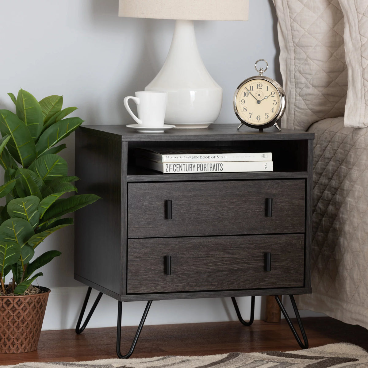 Dark Brown Wood and Black Metal 2-Drawer Nightstand B57977