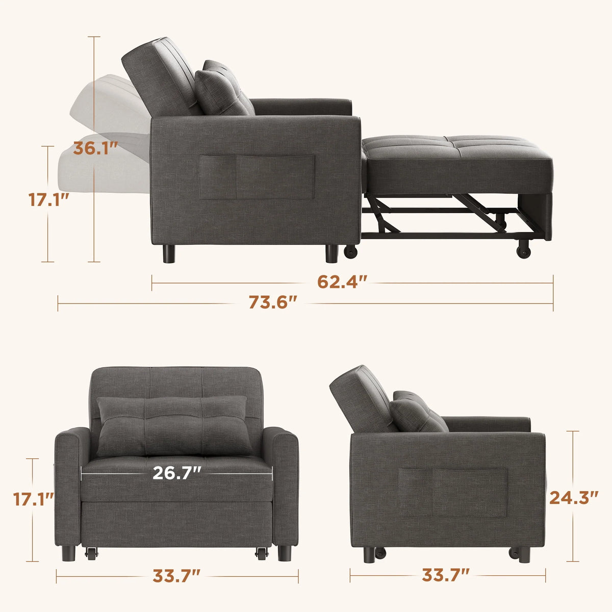 Light Gray Convertible Sofa Bed T2814