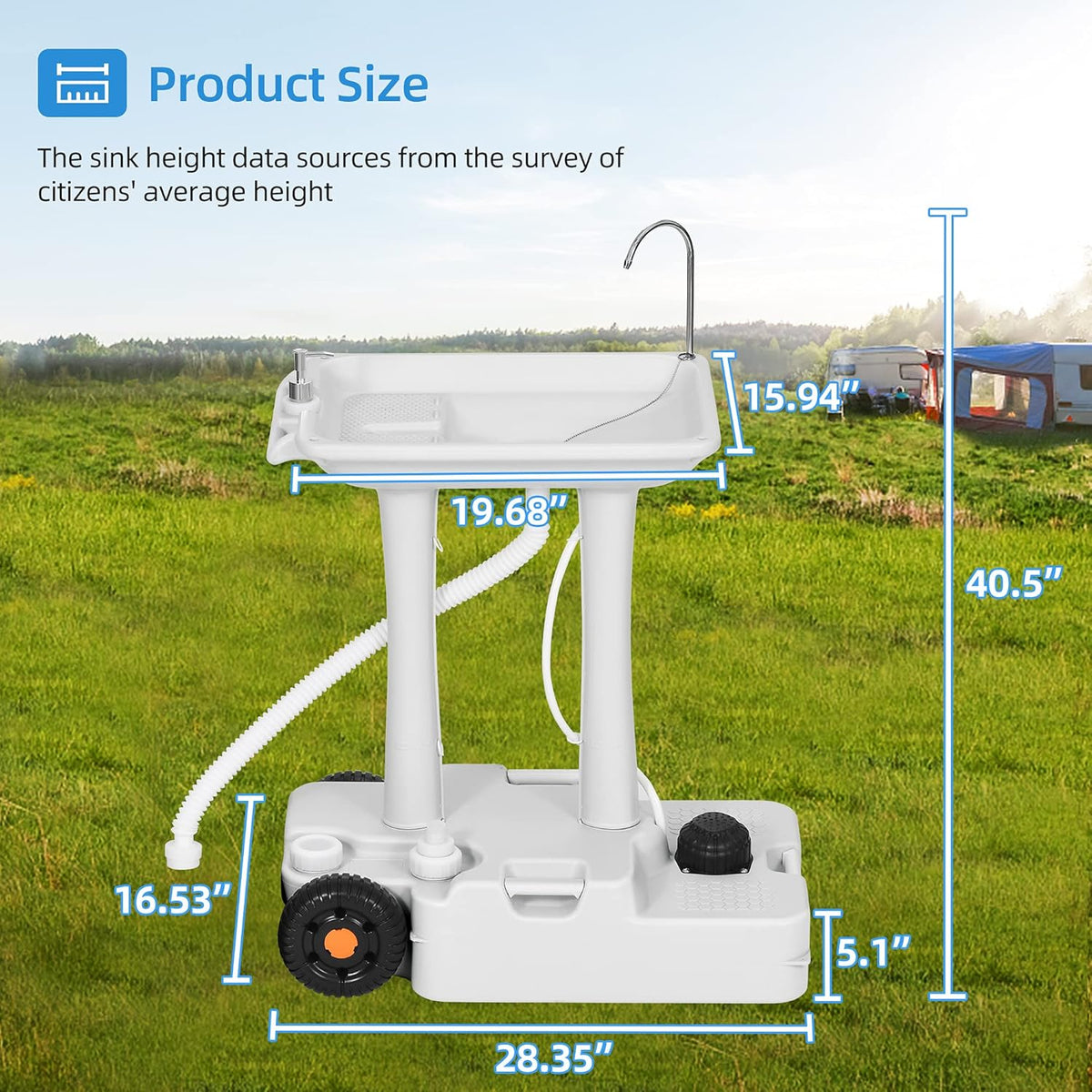 Portable Camping Sink with Rolling Wheels, 30 L Water Capacity, Soap Dispenser, Towel Holder, White D6487