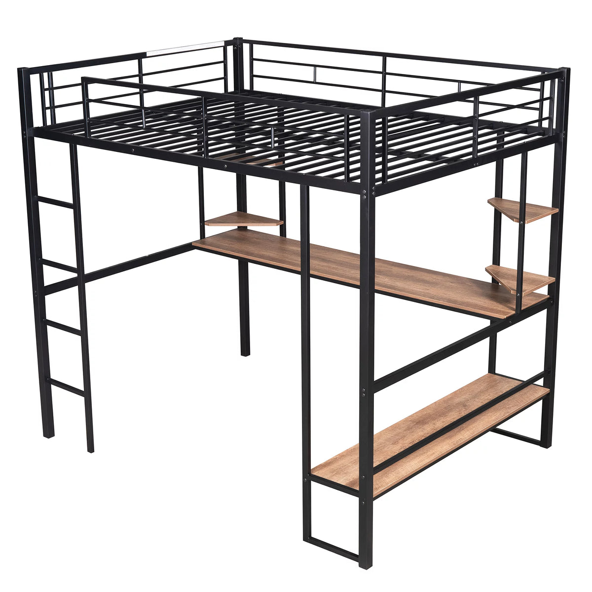 Black Full Metal Loft Bed with Desk and Shelves B7038